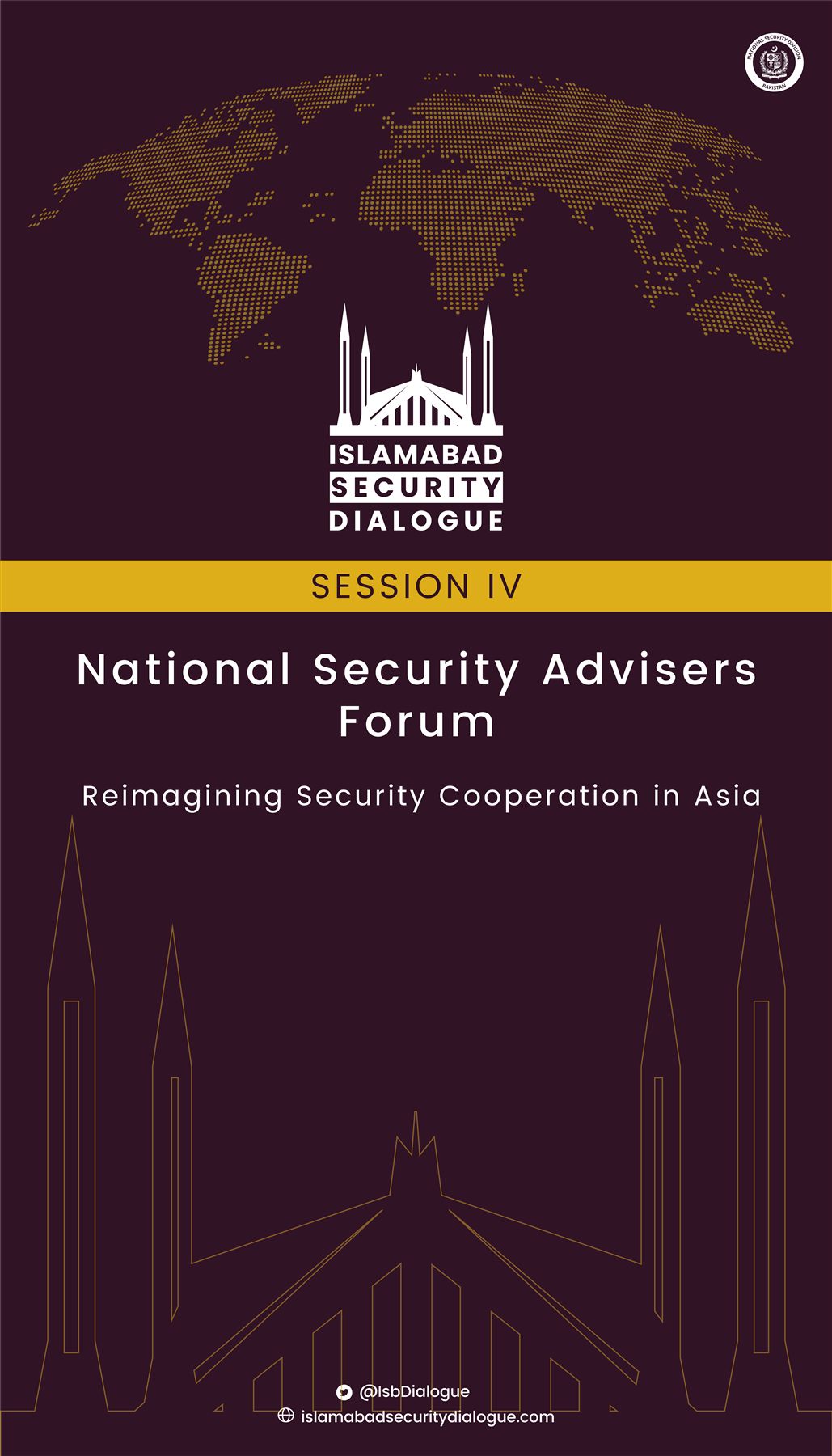 Branded delegate merchandise including pens, notebooks, tote bag, and mug for the Islamabad Security Dialogue